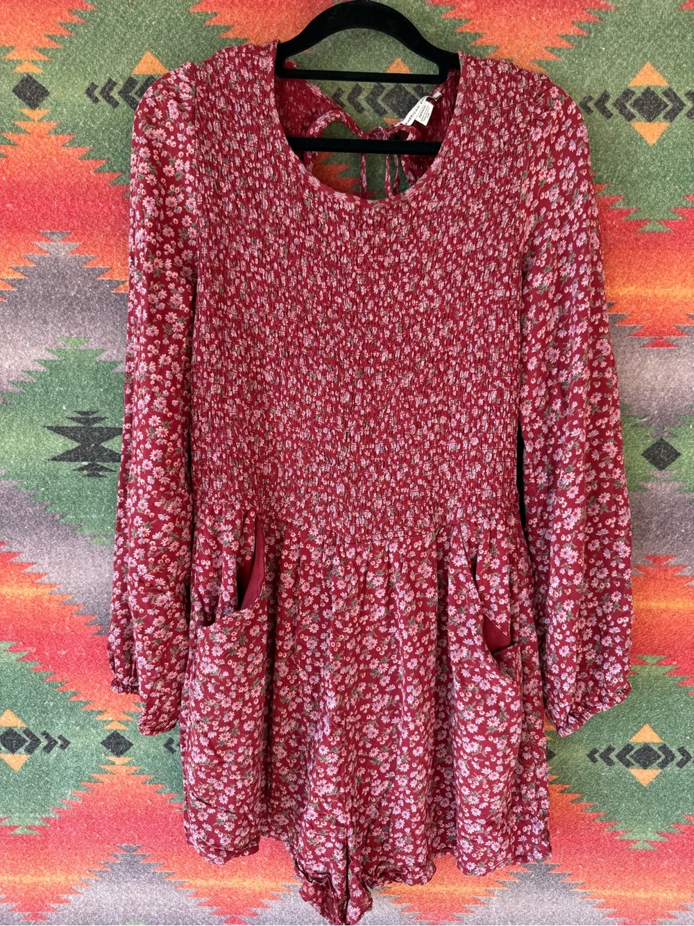 American Eagle Outfitters Red Floral Smocked Long-Sleeve Dress
